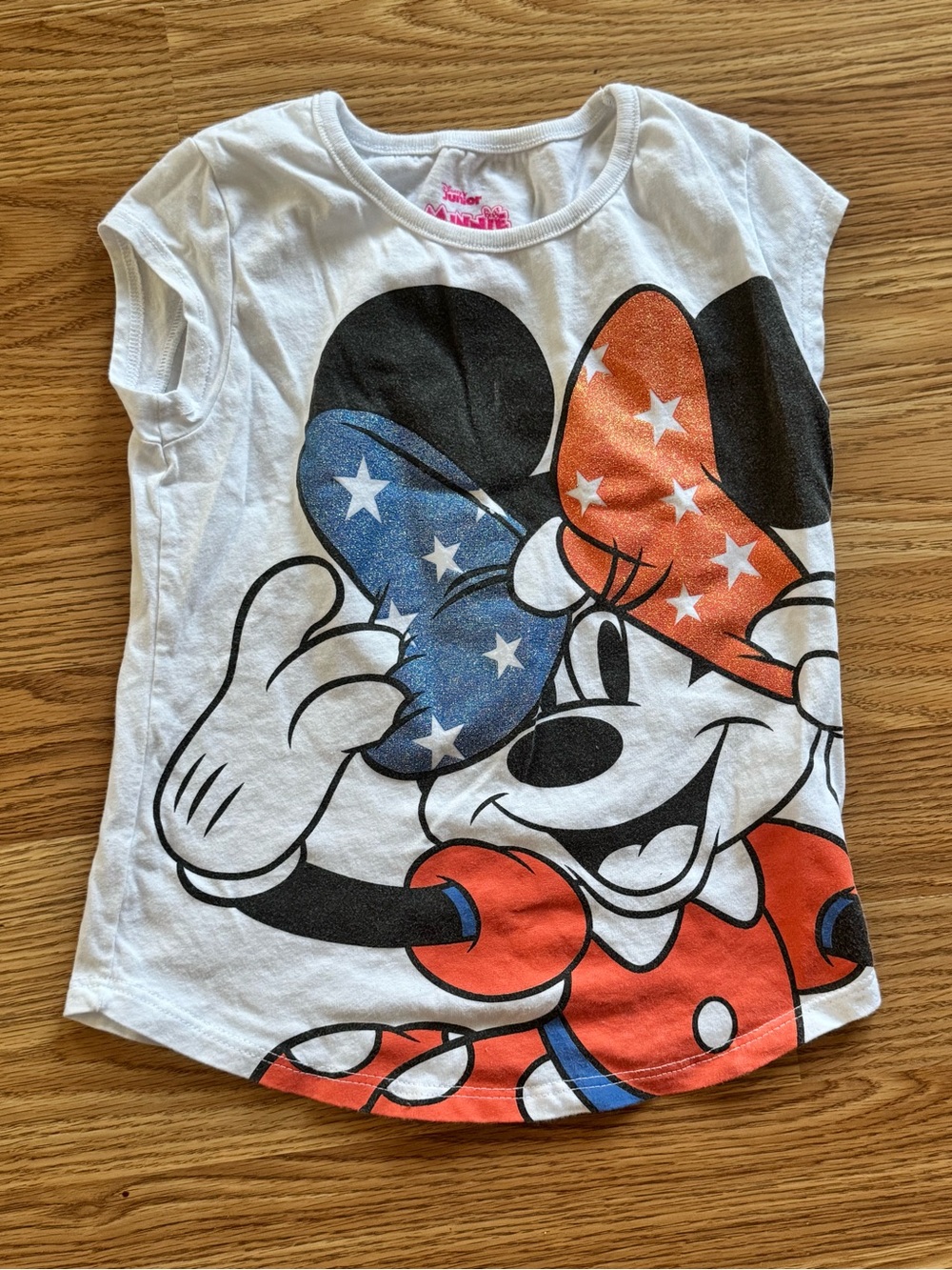 Disney Girls' Minnie Mouse White Tee with Red & Blue Star Bows